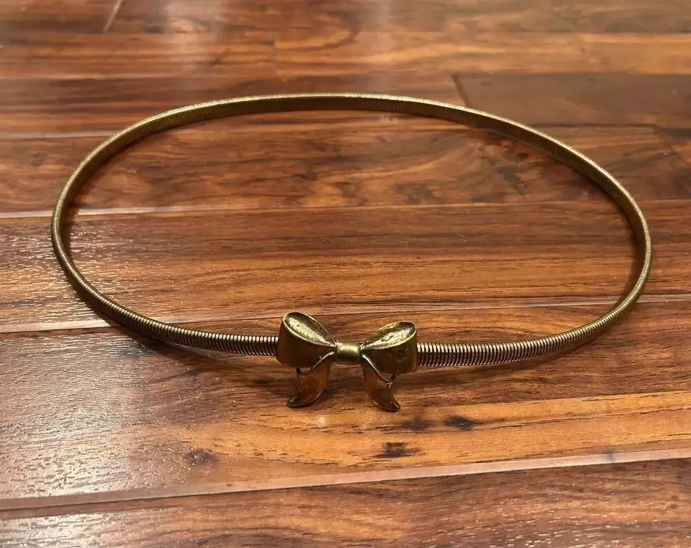 Vintage Brass Tone Bow Metal Snake Chain Stretch Belt, 33” coquette retro girly